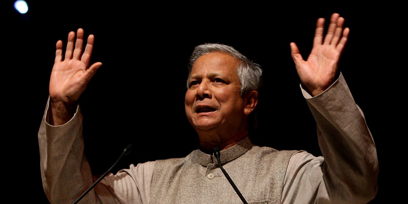 MILAN, ITALY - FEBRUARY 01: Grameen Bank Managing Director and Nobel Peace Prize Laureate Muhammad Yunus speaks during the lecture ' A world without poverty ' on February 1, 2010 in Milan, Italy. Yunus was awarded the 2006 Nobel Peace Prize for founding the Grameen Bank microcredit program in Bangladesh. (Photo by Vittorio Zunino Celotto/Getty Images)