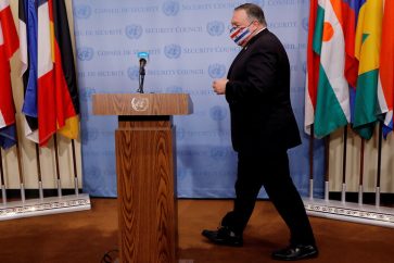 U.S. Secretary of State Mike Pompeo arrives to speak to reporters following a meeting with members of the U.N. Security Council about Iran's alleged non-compliance with a nuclear deal and calling for the restoration of sanctions against Iran at U.N. headquarters in New York, U.S., August 20, 2020. REUTERS/Mike Segar/Pool