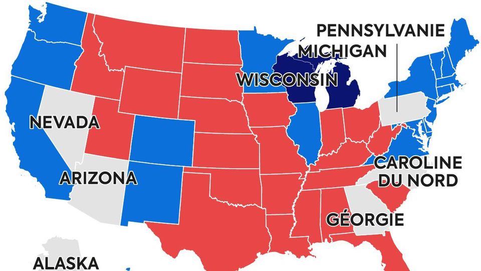 La couleur bleue représente les Etats gagnés par Biden et le rouge revient à Trump