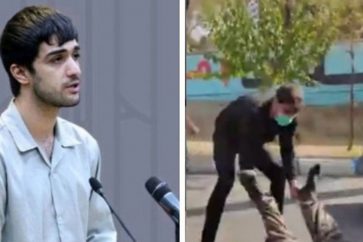 Iran: Mohammad Mehdi Karami (à gauche) lors de l'audience. Karami (à droite) sur les lieux du crime où le jeune Basiji Rohullah Ajamian a été battu à mort en novembre.