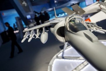 Une maquette du Harrier AW-8B, exposée dans la salle d'exposition de BAE Systems, lors du salon aéronautique de Farnborough, au sud-ouest de Londres, le 16 juillet 2018 (photo d’illustration).