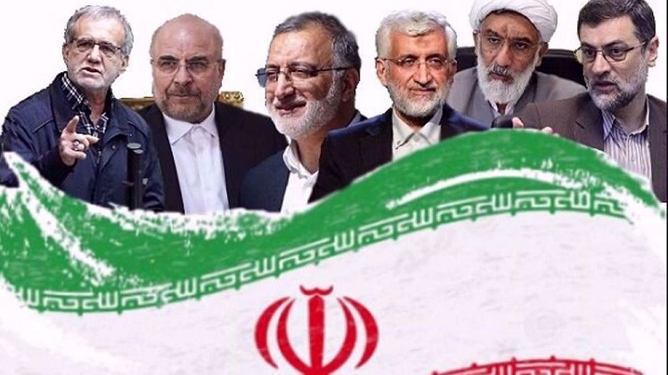 De gauche à droite, Massoud Pezeshkian, Mohammad Baqer Qalibaf, Alireza Zakani, Saïd Jalili, Mostafa Pourmohammadi et Amir-Hossein Qazizadeh Hashemiqui sont les candidats nommés par le ministère iranien de l'Intérieur à la 14e élection présidentielle en Iran. ©ISNA