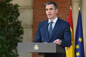 Le Premier ministre espagnol Pedro Sánchez lors de son discours de reconnaissance de l'Etat de Palestine, le 28 mai 2024 au palais de la Moncloa, à Madrid. ©AFP